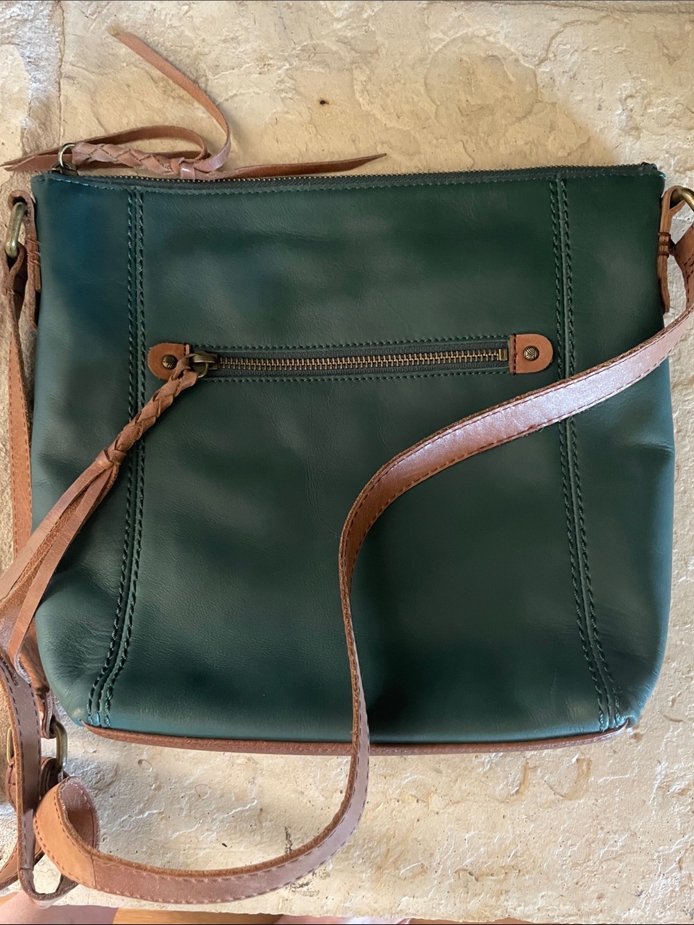 Classic Green Leather Crossbody Bag with Tan Strap